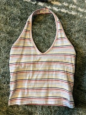 Hollister Striped Halter Crop Top in White with Red & Black Stripes